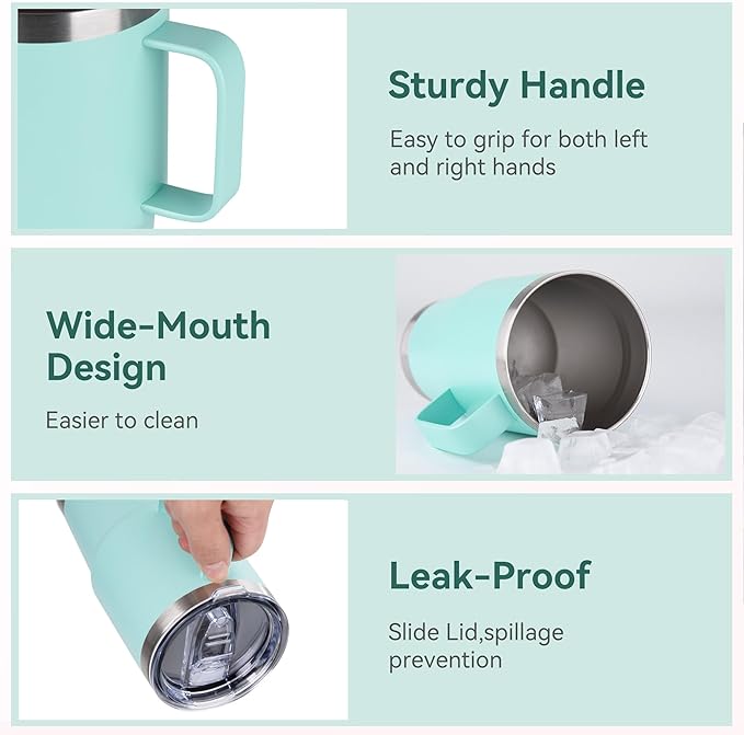 20oz Tumbler with Lid, Stainless Steel Tumbler with Handle, Metal Insulated Travel Coffee Mug with Handle, Double Wall Vacuum Spill Proof Tumbler Cup, Mint Green 1 Pack