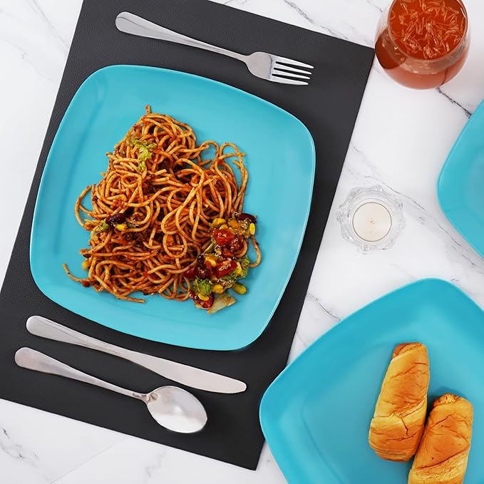 TP 10.5" Melamine Square Dinner Plates, 6-piece Plate Set Unbreakable Serving Dishes for Indoors and Outdoors, Unbreakable Dinner Service for 6, Teal