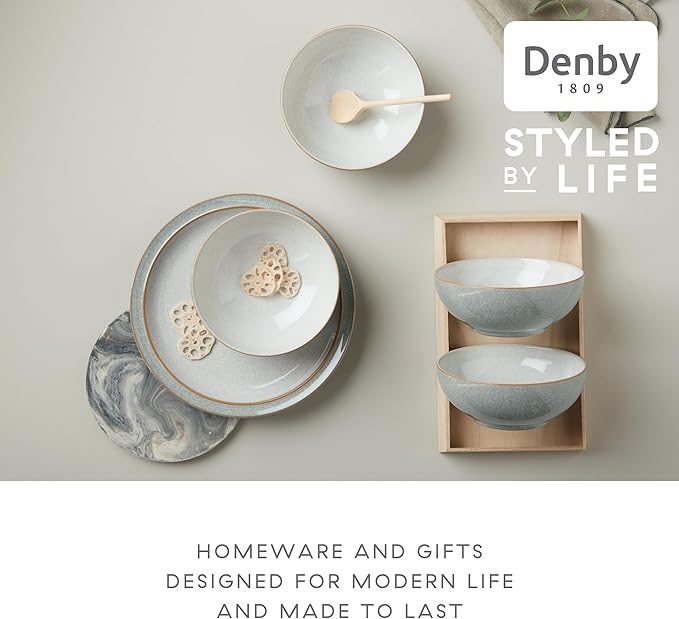 Denby - Elements Light Grey 12 Piece Dinner Set for 4 - Ceramic Tableware Plate & Bowl Set - Dishwasher Microwave Safe Crockery - 4 x Dinner Plates, Small Plates, Cereal Bowls - Chip & Crack Resistant