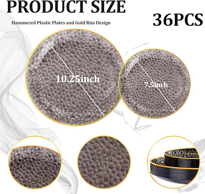 SUT 36Pcs Black Plastic Plates, Hammered Plates Disposable Heavy Duty, Black Disposable Plates With Gold Rim, Fancy Plastic plates Include 18 Dinner and 18 Dessert plates for Wedding