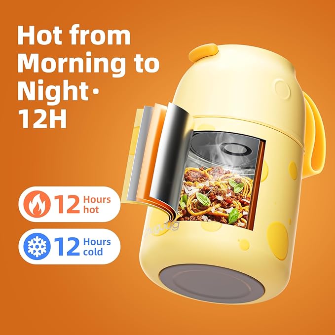 Thermo for Hot Food for Adults Kids | Wide Mouth, 26 oz Insulated Food Jar with Spoon, Leakproof Soup Thermo for School Office Travel, Thermal Steel Lunch Container Easy to Carry (Yellow)