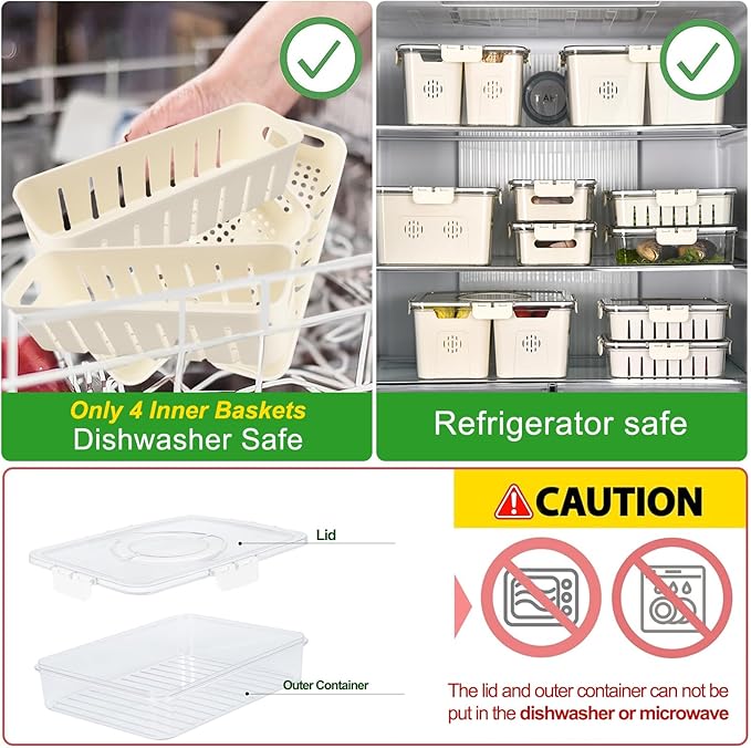 shopwithgreen Salad Bar Containers for Fridge with Lid and Handle, Fruit Storage Containers with 4 Removable Colanders, Berry Box Fresh Produce Saver for Fruit, Veggie, Refrigerator, Kitchen, Picnic