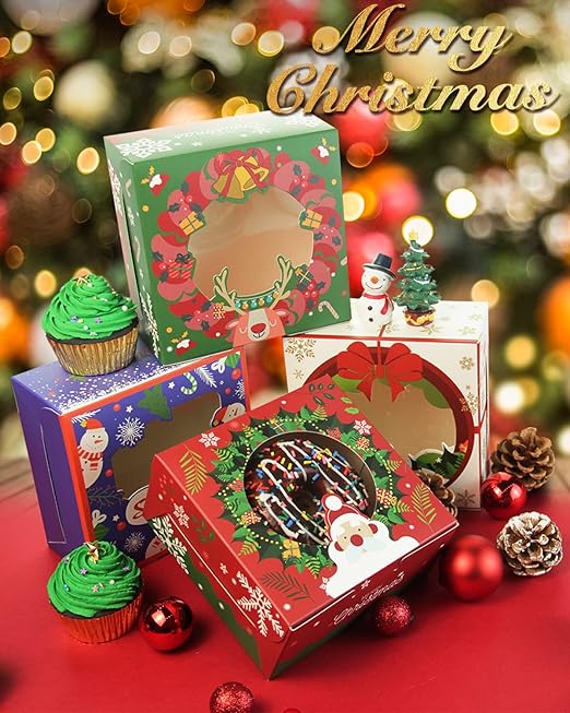 qiqee Christmas Bakery Box with Window 60packs 6x6x3 Cookie Boxes Pastry Box for Christmas