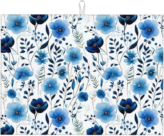 Blue White Floral Watercolor Dish Drying Mats, Absorbent Boho Blue Decorative Kitchen Counter Mat, Polyester, Absorption, Foldable, for Kitchen Dishes Utensils Small Appliances, Home Decor, 18" x 24"