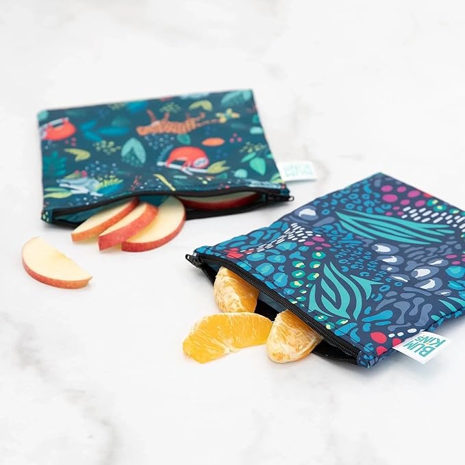Bumkins Reusable Sandwich and Snack Bags, for Kids School Lunch and for Adults Portion, Washable Fabric, Waterproof Cloth Zip Bag, Travel Pouch, Food-Safe Storage, Large 2-pk Jungle