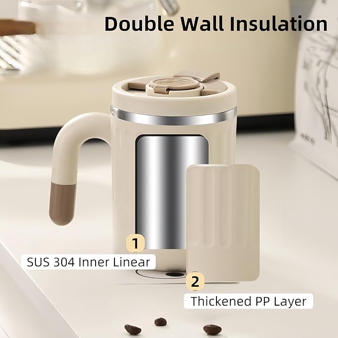 16oz Insulated Coffee Mugs - Ideal for Indoor Office Use. Features SUS 304 Inner, Double Wall Insulation, Detachable Silicone Ring. 3 Drinking Options. Available in White, Brown, Pink (White)
