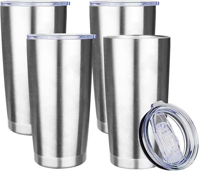 20oz Tumbler with Lid Stainless Steel Insulated Tumblers Travel Coffee Tumbler Bulk Double Wall Vacuum Insulated Water Cup Christmas Gifts for Women Men Her Him Home Office (Silver, 4pack)