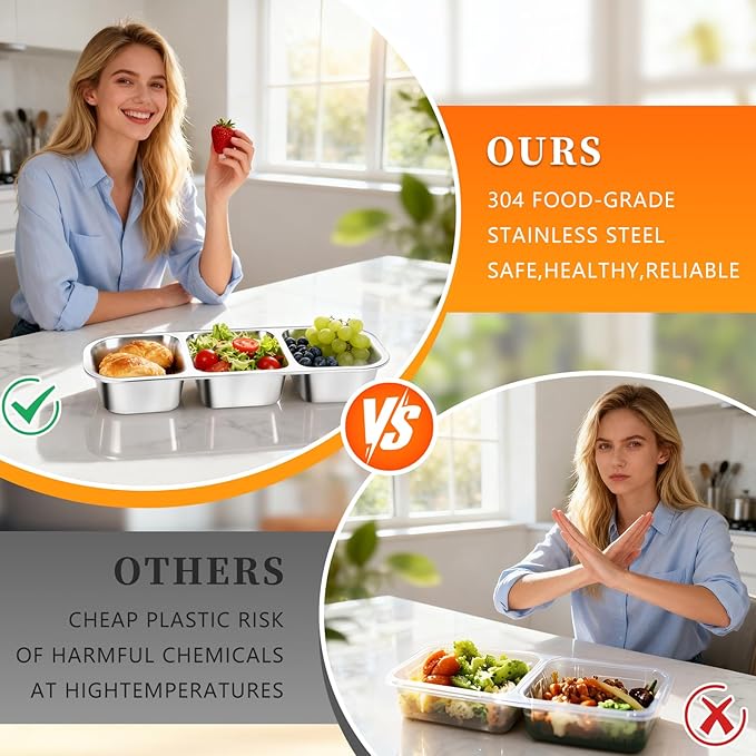 2Pack Reusable Stainless Steel Snack Containers with Leakproof Lids 3 Compartment, Stackable Metal Food Storage Lunch Boxes for Adults, Meal Prep, Travel, Office