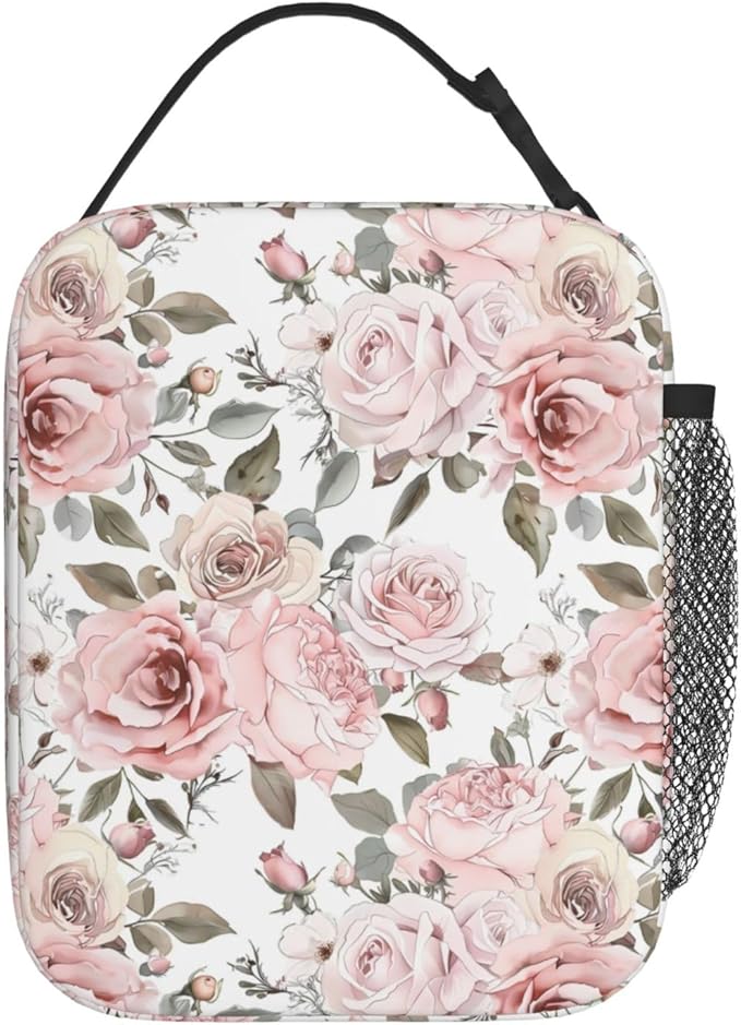 Reusable Floral Rose Lunch Box for Kids Girls Boys Women Adult, Insulated Pink and White Flower Lunch Bag,Polyester Cooler Art Handbags Case for School Picnic Work Travel Beach or Hiking