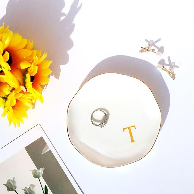 Ceramic Jewelry Tray Initial Ring Dish Personalized T-Monogrammed Engagement Wedding Gifts, for Birthday Mother's Day Christmas for Women, Ceramic White 4.75" (T)