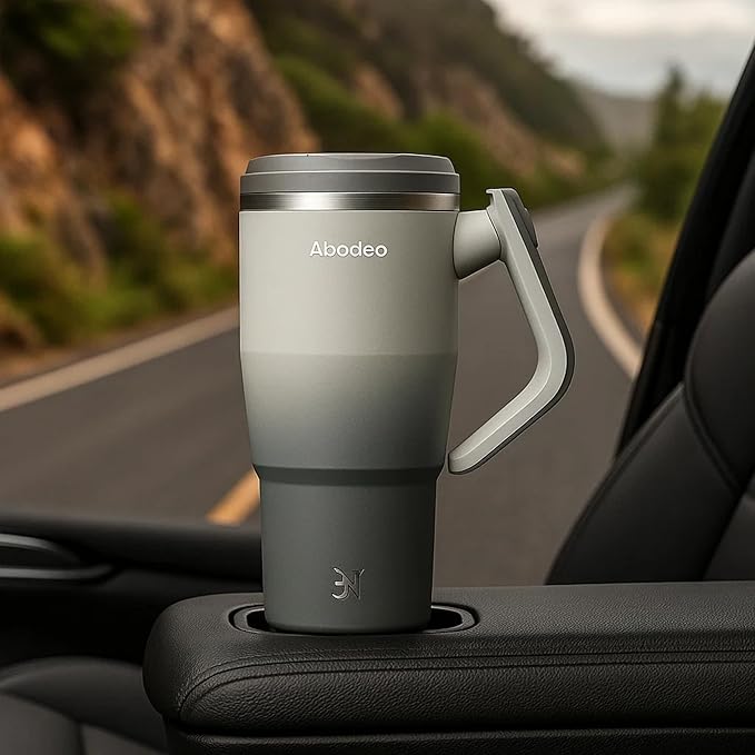 40 oz Insulated Coffee Tumbler with Handle, Straw, & Leak Proof Lid - Double Wall Flask, Reusable Travel Tumblers - Stainless Steel Coffee Mug- Fits Car Cup Holders (Dark & Light Grey)