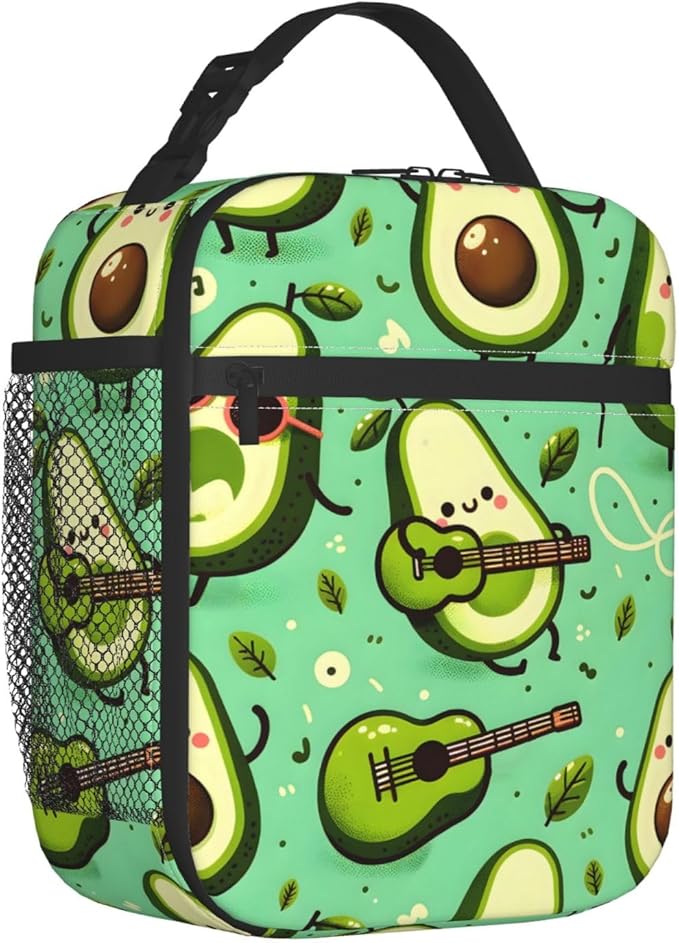 Reusable Avocado Music Lunch Box for Kids, Insulated Cute Fun Guitar Leaf Green Bag,Polyester Cooler Fruit Lovers Handbags Case for School Picnic Work Travel Beach or Hiking, Gifts