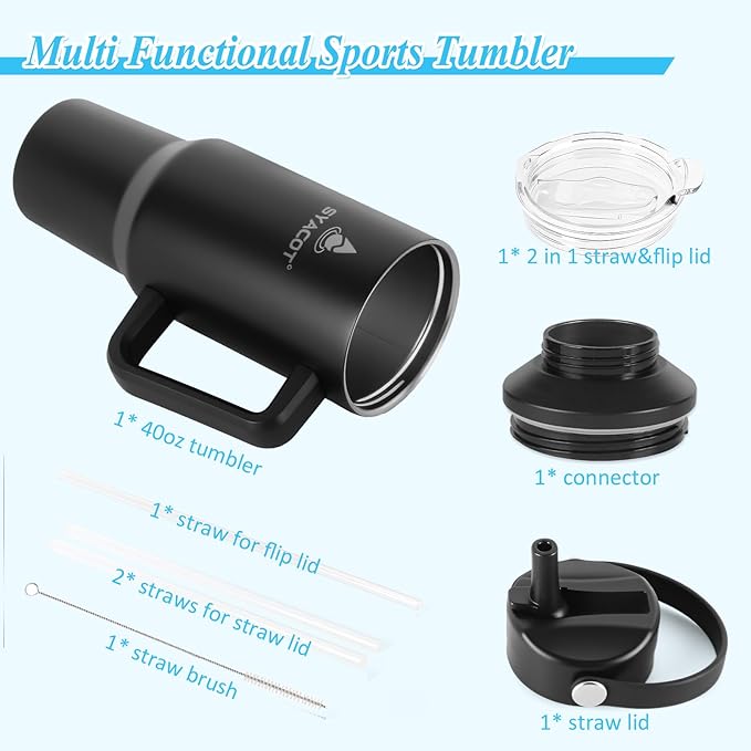 40 oz Tumbler with Handle and Straw or Convert to 40 oz Insulated Water Bottle Fits in Cup Holder. Stainless Steel Metal Water Flask with 2 Lids for Travel,Camping,Gym Sports Coffee Mug Thermal Cup