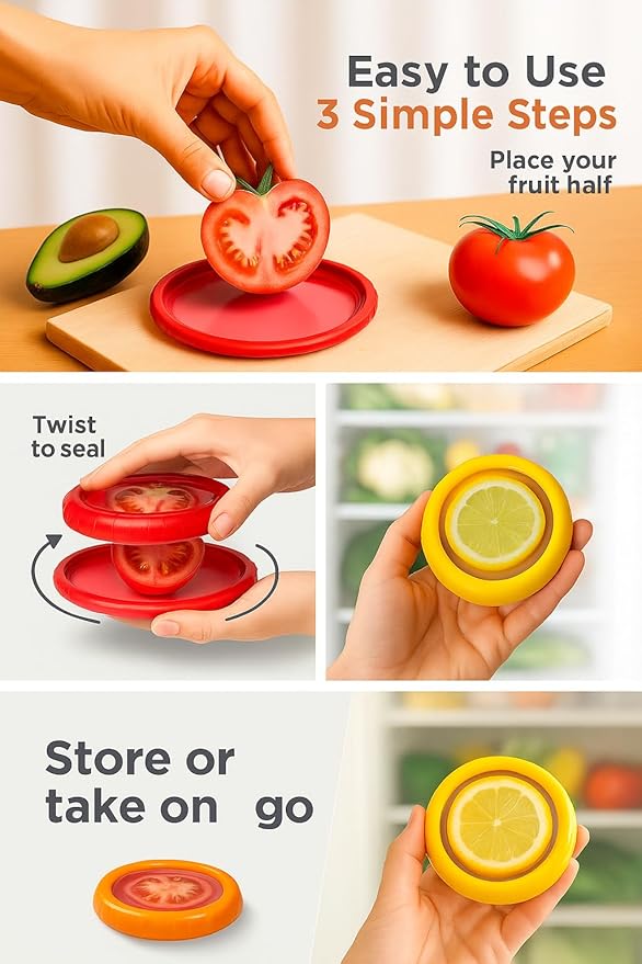 Set of 4 Reusable Fresh Pods – Anti-Oxidation Silicone Food Savers for Avocado, Onion, Tomato, Lemon & Garlic | BPA-Free Airtight Vegetable & Fruit Storage Containers for Fridge