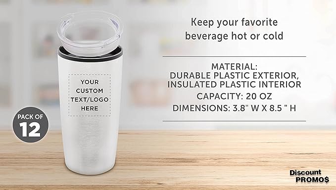 Custom Plastic Tumblers 20 oz. Set of 12, Personalized Bulk Pack - With lids, Ice Coffee Tumbler, To Go Cup, Insulated - Silver