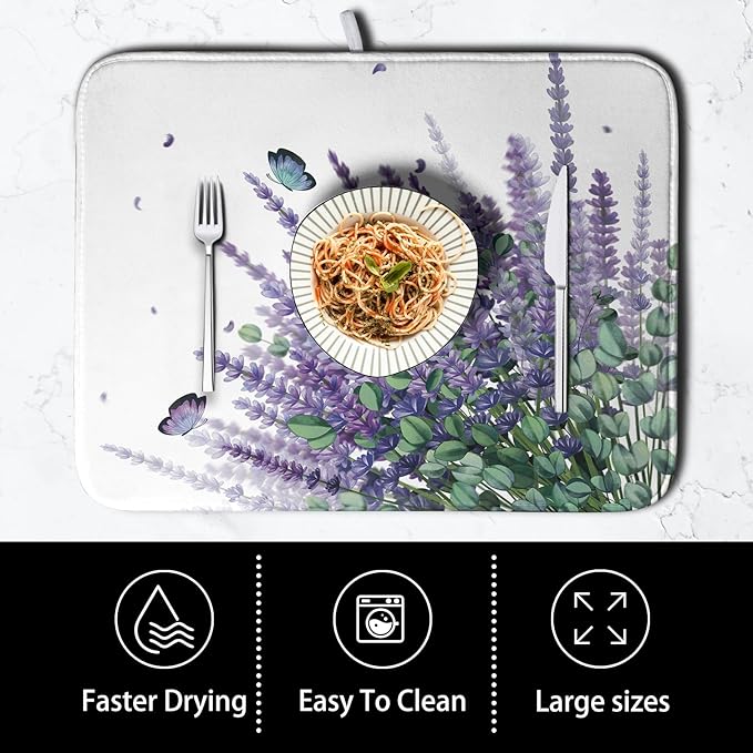 Purple Lavender Dish Drying Mat for Kitchen Counter Spring Summer Floral Microfiber Dish Drainer Mats Green Leaves Butterfly Absorbent Reversible Dish Drainer Rack Mat 16x18 Inch