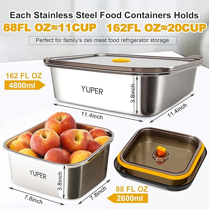 YUPER Stainless Steel Food Containers, Meal Prep Containers, Bacon Cheese Container for Refrigerator, Stainless Steel Containers with Lids Fruit Lunch Storage, 2 Pack (88+162OZ)