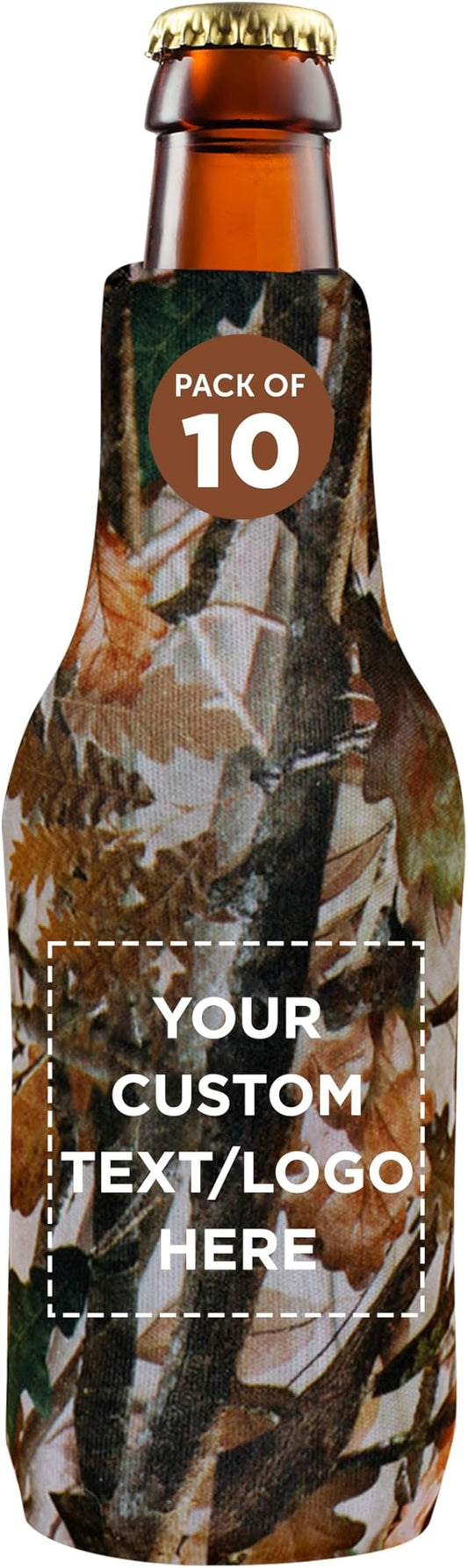 10 Neoprene Zippered Beer Bottle Coolies Pack - Customizable Text, Logo - Sharkskin Rubber Bottom - Camo3