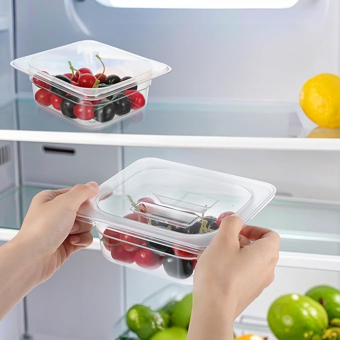 6 Pcs Clear Polycarbonate Food Pans with Lids, 1/6 Stackable Plastic Foods Pans for Commercial Kitchen Restaurant Food Prep, Freezer-Safe, 2.6 Inches Deep