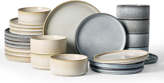 Famiware Star Dinnerware Set, Plates and Bowls Sets for 8 (24pcs), Ribbed Stoneware Dishes - Chip & Scratch Resistant, Microwave & Dishwasher Safe, Multicolor - Cappuccino White & Smoky Blue