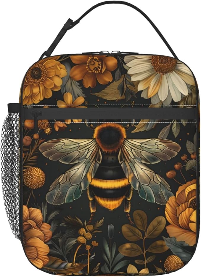 Reusable Retro Bee Floral Lunch Box for Kids, Insulated Yellow Black Bumblebee Vintage Bag,Polyester Cooler Animal Lovers Handbags Case for School Picnic Work Travel Beach or Hiking, Gifts