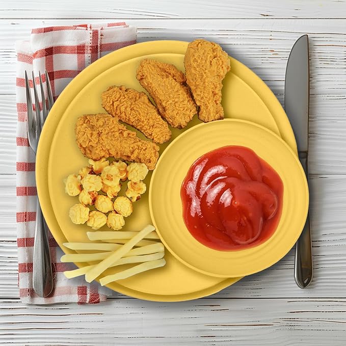 Wrova 40Pack plates and bowls sets for kids - Unbreakable wheat straw dinnerware sets service for 8 - Alternative plastic 40pcs dish sets for kitchen, camping and indoors dinning - (Yellow)