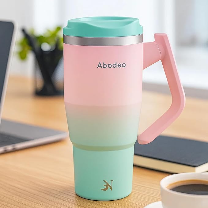 Travel Coffee Tumbler 40 oz - Iced Coffee Mug with Straw and Leakproof Lid, Insulated Stainless Steel Tumbler with Rotatable Handle - Fits Most Car Cup Holders (Green & Pink)