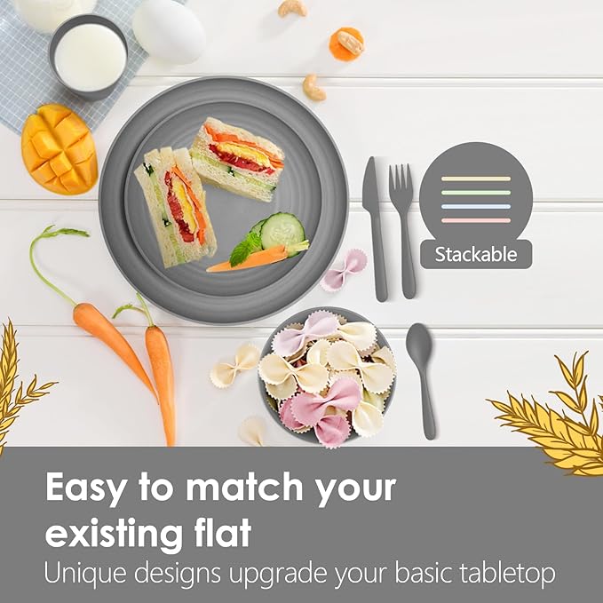 Teivio 32-Piece with Flatware Kitchen Plastic Wheat Straw Dinnerware Sets, Service for 8, Dinner Plates, Dessert Plate, Cereal Bowls, Cups, Unbreakable Plastic Outdoor Camping Dishes, Grey