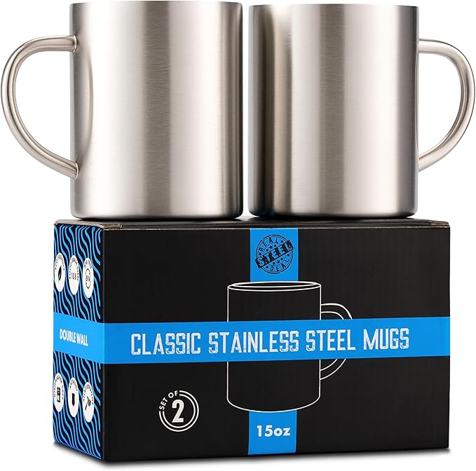 Stainless Steel Coffee Mugs – 15 oz Double Wall Stainless Steel Mugs with Handle, Metal Coffee Cups for Tea, Insulated Mug Set of 2 – BPA Free, Durable, Unbreakable Metal Coffee Mugs for Camping