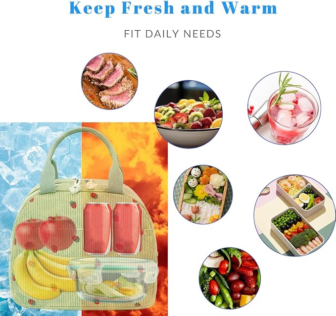 Bluboon Lunch Bag for Women Men Cute Corduroy Lunch Tote Bags Reusable Insulated Lunch Box Large Capacity Reusable Insulated Cooler for Work Picnic or Travel