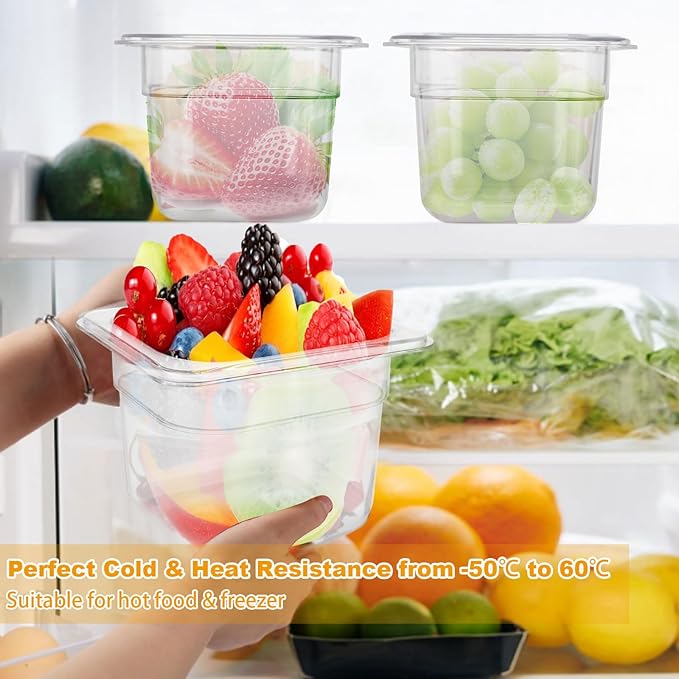 10 Pack 1/6 Size Plastic Clear Food Pan, 4 Inch Deep Polycarbonate Pan, Stackable Restaurant Commercial Hotel Pans for Fruit Vegetable Corns - 1.58 Quart Capacity