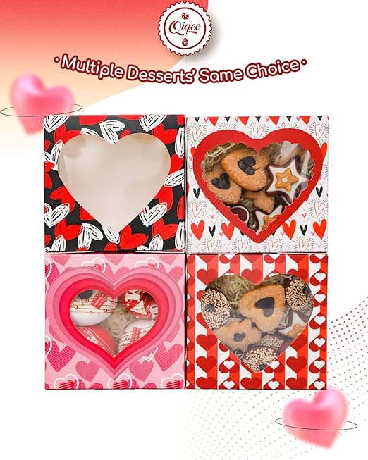 qiqee Valentine Bakery Box with Original Unique Design 60packs 6x6x3 Cookie Boxes Pastry Box for Valentine's Day