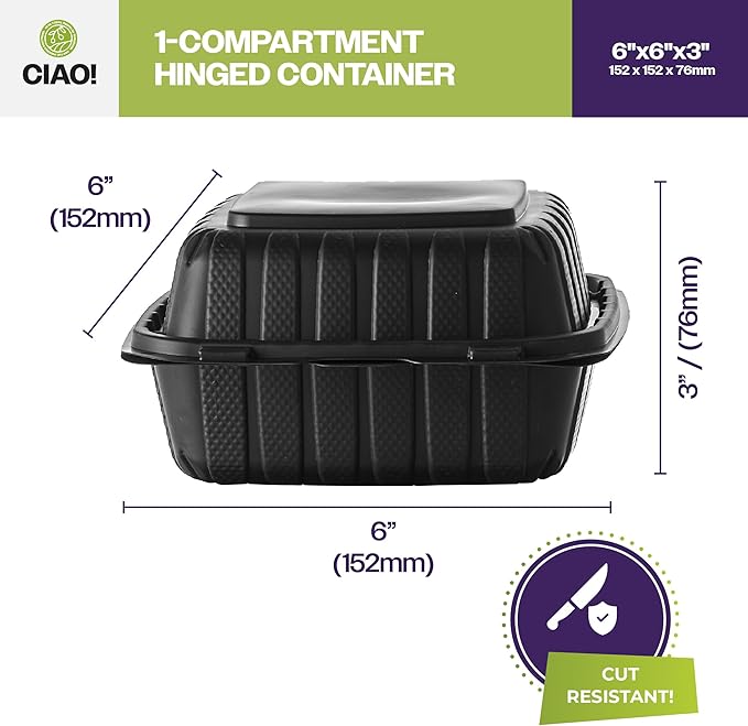 CIAO! 6"x6"x3" MFPP Black Hinged Container With Lid 1 Compartment (Case of 300)