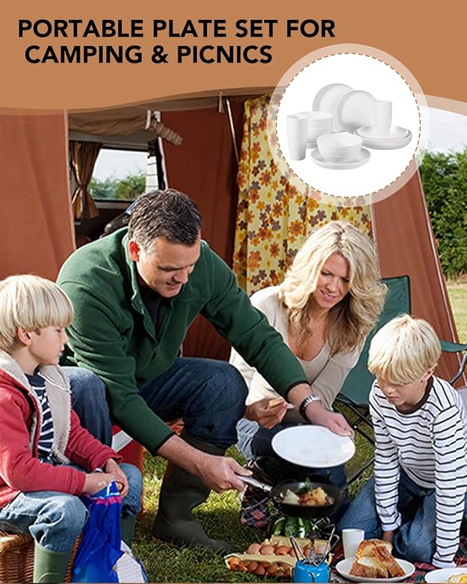 24 Pcs Dinner Plates Set- Picnic & Camping- Unbreakable & Reusable- Includes 4 x 9in, 4 x 8in Plates, 4 x 6in Bowls, 4 Cups, 4 Stainless Steel Forks and Spoons- Kitchen, Dorm, Office