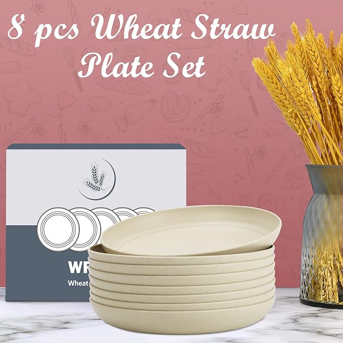 Wrova Wheat Straw Plates - 8 Inch Unbreakable Dinner Plates Set of 8 - Dishwasher & Microwave Safe Plastic Plates Reusable - Lightweight Small Plates for kitchen,R.V. (Beige)