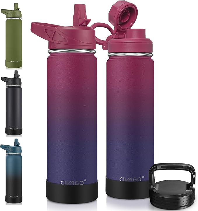 CIVAGO 22 oz Insulated Water Bottle With Straw, Stainless Steel Sports Water Flask Cup with 3 Lids (Straw, Portable Spout and Handle Lid), Double Walled Travel Thermal Canteen Mug, Dark Rainbow