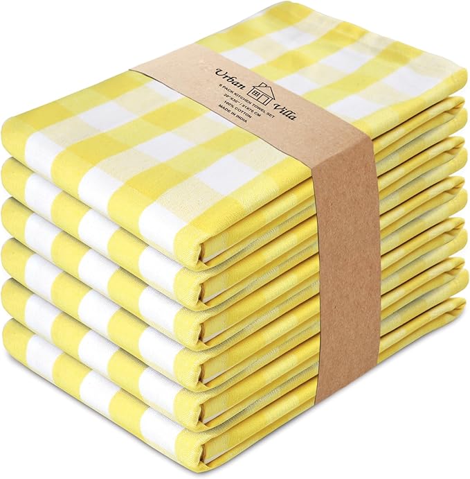 Urban Villa Easter Kitchen Towels Set of 6 Buffalo Checks Yellow/White Kitchen Towels 20X30 Inches 100% Cotton Highly Absorbent Kitchen Towels Premium Quality Ultra Soft Mitered Corners KitchenTowels