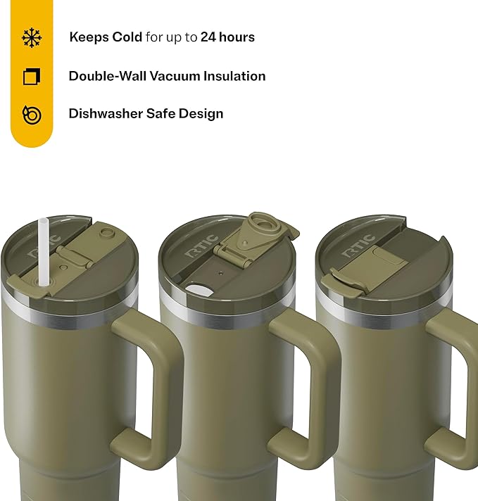 RTIC 40 oz Road Trip Tumbler Double-Walled Cermaic Lined Insulated Stainless Steel Portable Travel Coffee Mug Cup with Lid, Handle and Straw, Olive