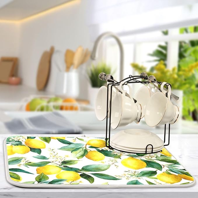 Watercolor Lemons Dish Drying Mat for Kitchen Counter Super Absorbent Dishes Pad Reversible Microfiber Protector Dish Draining Mats 16x18 inch