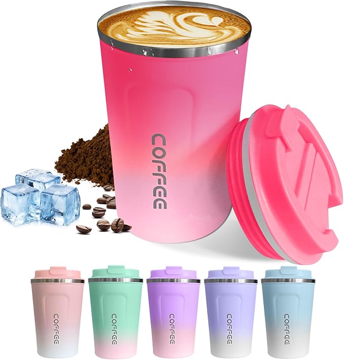 Travel coffee mugs leak-proof, reusable coffee cups with lids, stainless steel vacuum thermos coffee tumblers,thermal insulation cups for men and women hot & cold drinks (2nd-Red White, 12OZ)