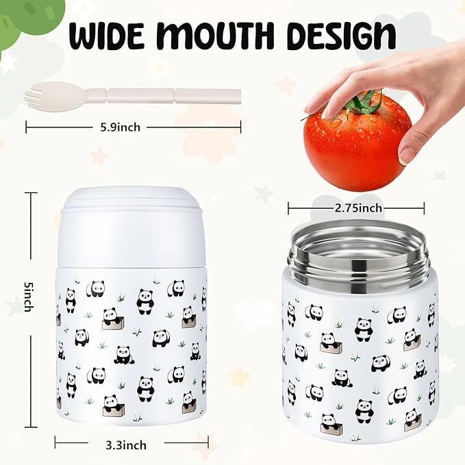 10oz Soup Thermo for Hot Food Kids Insulated Food Jar with Spoon Wide Mouth Stainless Steel Lunch Container Leak Proof Vacuum Food Box for School Travel Picnic White Panda