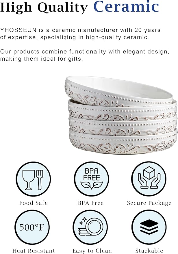 YHOSSEUN Pasta Bowls Set of 4, 50 OZ Large Salad Serving Bowls, 9.75" Pasta Plates Shallow Bowls Set, Microwave Dishwasher Safe, Antique Morning Glory