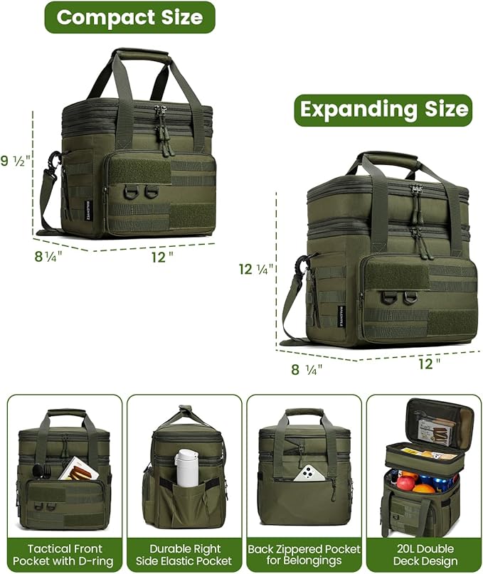RalChyez Tactical Lunch Bag, 20L Large Heavy Duty Double Deck Insulated Lunch Box Leakproof Expandable Tote Cooler with Shoulder Strap for Adult Men Women Work Fishing Picnic Travel Green