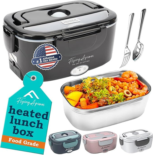 APSARAS USA Electric Lunch Box for Adults, 3 in1 Portable Leakproof Heated Lunch Box for Car/Truck/Men with 1.5L Removable 304SS Container, 60-80W, 12V/24V/110V With SS Fork Spoon&Carry Bag