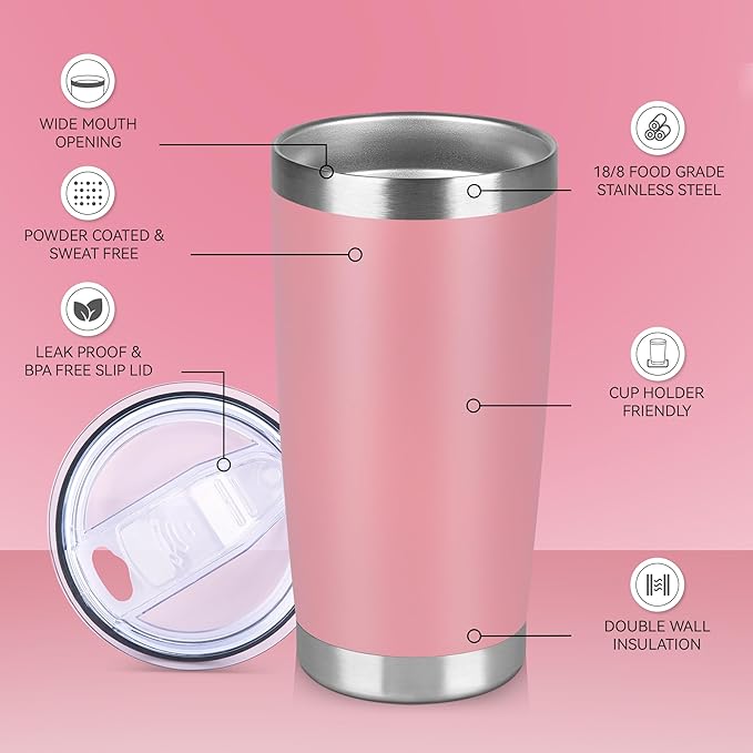 20 oz Tumbler Stainless Steel Tumblers Bulk with Lid Double Wall Insulated Coffee Tumbler Cups for Hot & Cold Drinks Powder Coated Travel Coffee Tumbler Mug Metal (Rose Pink, 1 pack)
