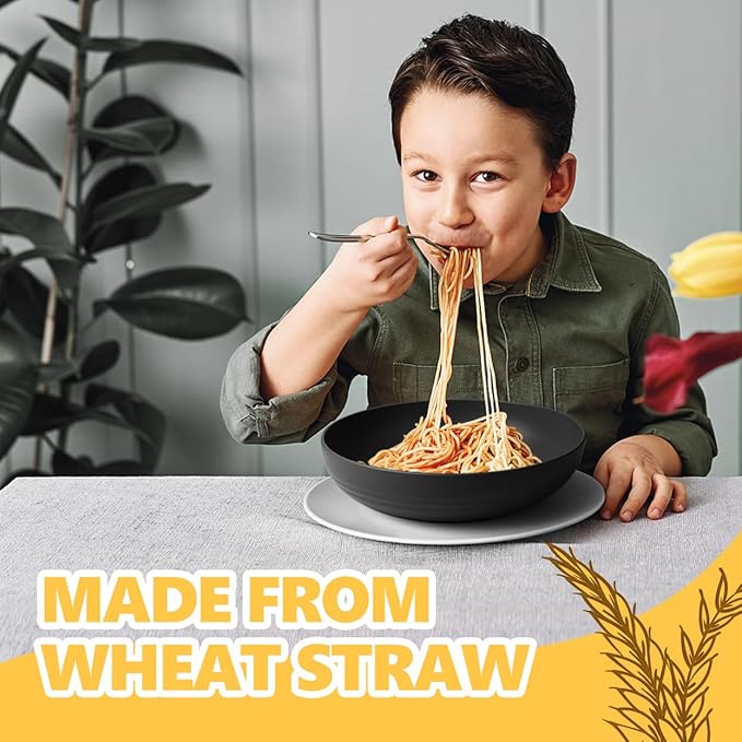 Teivio 40-Piece Kitchen Plastic Wheat Straw Dinnerware Set, Service for 8, Dinner Plates, Dessert Plate, Cereal Bowls, Pasta Bowls, Cups,Unbreakable Outdoor Camping Dishes, Black