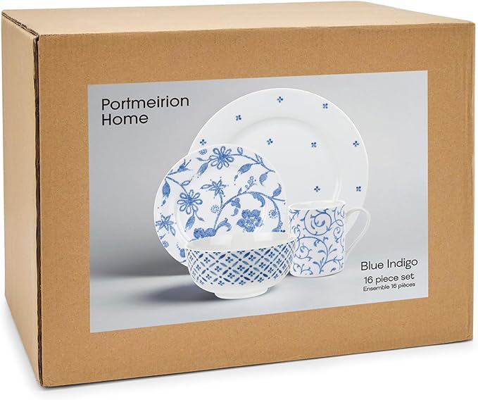 Portmeirion Home Collection 16 Piece Dinnerware Set - Blue Indigo Mix & Match Designs, Porcelain Dinner Plates, Salad Plates, Bowls & Mugs - Microwave, Dishwasher & Oven Safe, Modern Table Set
