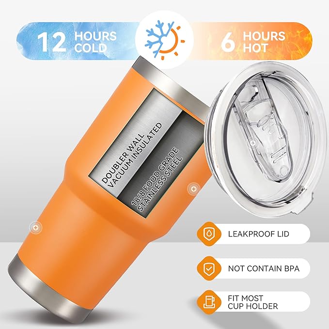 30 oz Tumbler with Lid Stainless Steel Tumblers Bulk Vacuum Insulated Cup Reusable Powder Coated Travel Mug Double Wall Leak Proof Cups Keep Cold Drinks for 12 Hours Orange, Set of 4