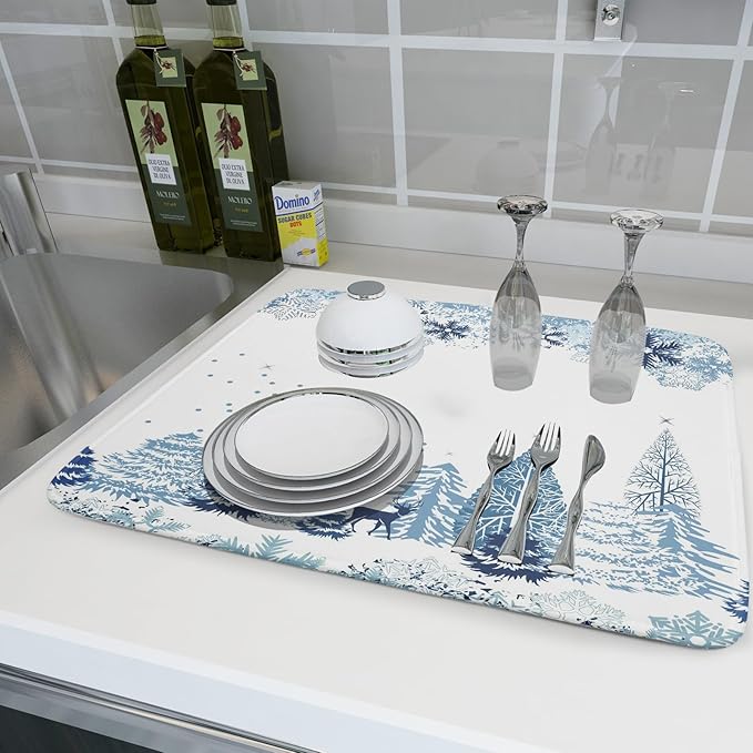 Winter Blue Snowflake Dish Drying Mat Christmas Tree Kitchen Counter Dish Drainer Mats Xmas Forest Deer Moose Dish Dry Pad Bottles Protector for Kitchen Countertop Coffee Bar, 18x24 inch Large