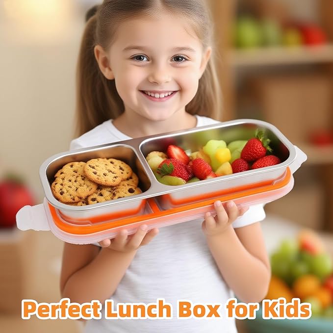 Stainless Steel Snack Containers with Lids, Reusable Condiment Storage Box, Divided Food Storage for School, Home, Travel, Multiple Compartment Leak-Proof Box (‎2 Compartment)
